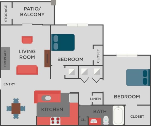 Raleigh Floorplan 2 Bedroom 1 Bath 892 Total Sq Ft at Autumn Park Apartments, Charlotte, NC 28262