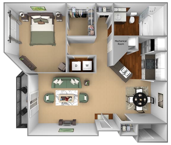 Egrets Landing Apartments - A1 (Heron) - 1 bedroom and 1 bath - 3D floor plan