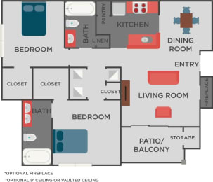 Bakersville Floorplan 2 Bedroom 2 Bath 1062 Total Sq Ft at Autumn Park Apartments, Charlotte, NC 28262