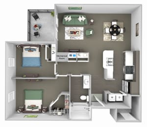 Corbin Greens Apartments - B1 - 2 bedrooms and 1 bath - 3D floor plan