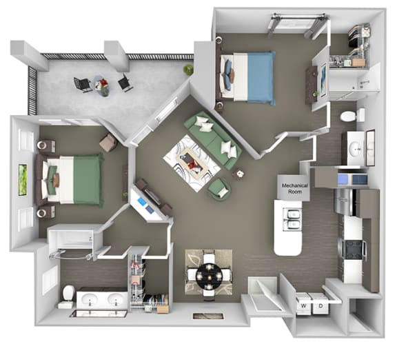 Corbin Greens Apartments - B3 - 2 bedrooms and 2 bath - 3D floor plan