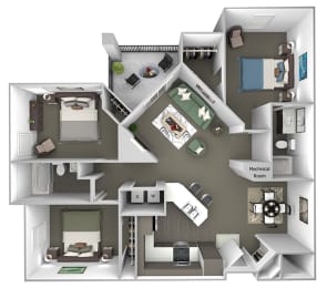 Cheswyck at Ballantyne Apartments - C1 (Durham) - 3 bedrooms and 2 bath - 3D floor plan