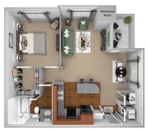 A1 3D floor plan 1-bedroom First and Main Apartments - 3D Floor Plans