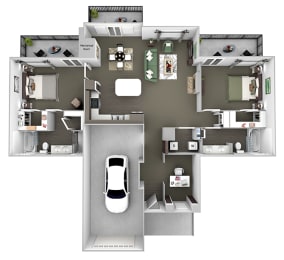Belle Harbour Apartments - C2 - 2 bedrooms and 2 bath - 3D Floor Plan