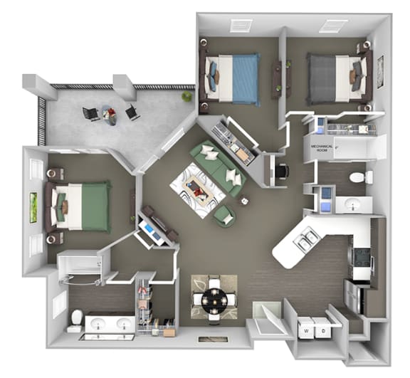 Corbin Greens Apartments - C1 - 3 bedrooms and 2 bath - 3D floor plan
