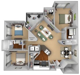 Egrets Landing Apartments - C1 (Preserve) - 3 bedrooms and 2 bath - 3D floor plan