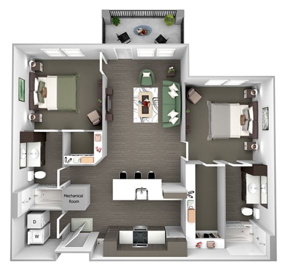 Nona Park Village - B2 (Jasmin) - 2 bedroom - 2 bath - 3D Floor Plan
