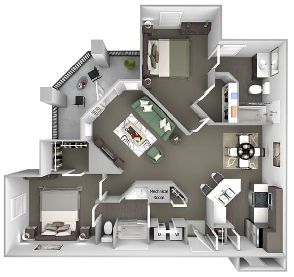 Cheswyck at Ballantyne Apartments - B3 (Carlisle I & II) - 2 bedrooms and 2 bath - 3D floor plan
