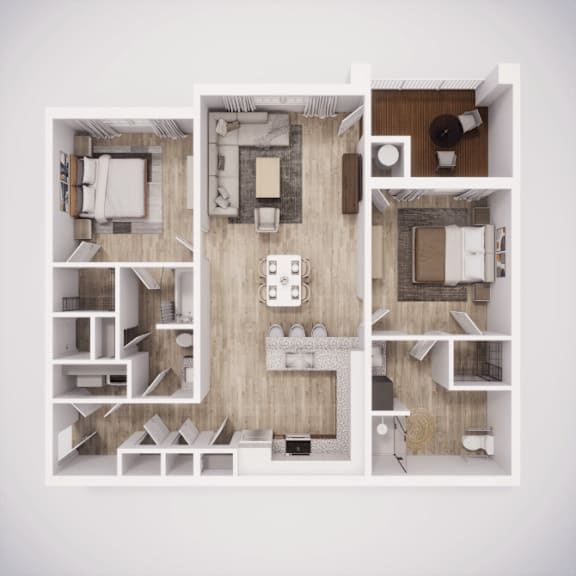 A top-down view of a house layout with a kitchen, living room, and bedrooms.