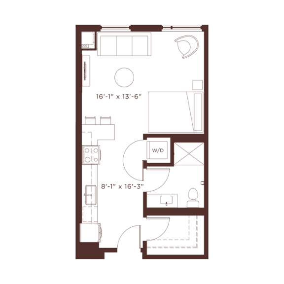 Studio S1 Floorplan with shower/tub combination Studio S1 Floorplan with shower/tub combination at North+Vine, Chicago, Illinois