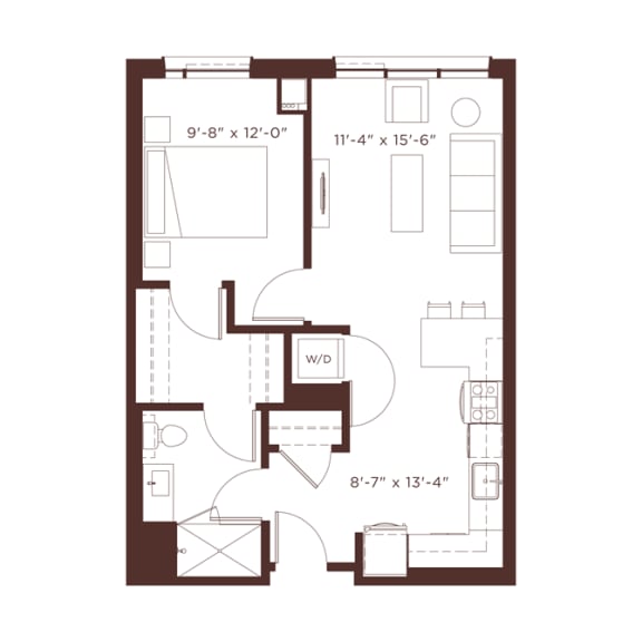 1 bedroom 1 bathroom a1 Floor Plan at North&#x2B;Vine, Illinois