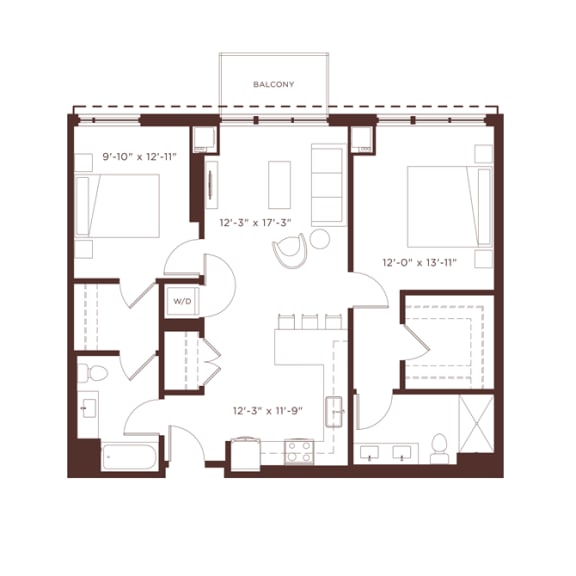 2 bedroom 2 bathroom b2b Floorplan at North&#x2B;Vine, Illinois, 60610