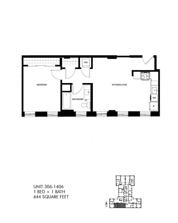 644 SQFT 1 Bed 1 Bath Floor Plan Image at Park Heights by the Lake Apartments, Illinois, 60649
