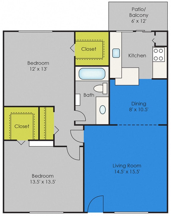 Montecito two bed one bath floor plan