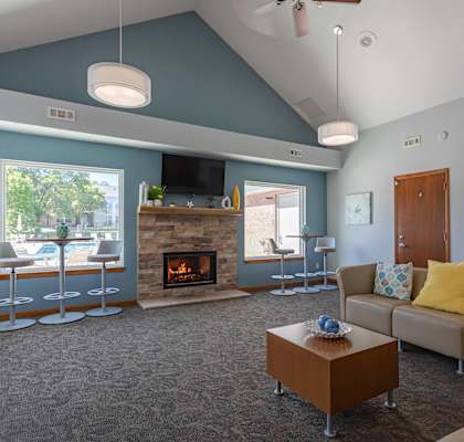 a living room with couches and a fireplace
