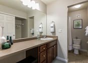 Thumbnail 15 of 26 - Dog-Friendly Apartments in Aurora, CO - Copper Flats - Bathroom with Shower, Mirrored Vanity with Bench, and a Large Closet.