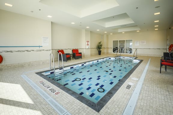 A large indoor pool with chairs and a plant in the corner