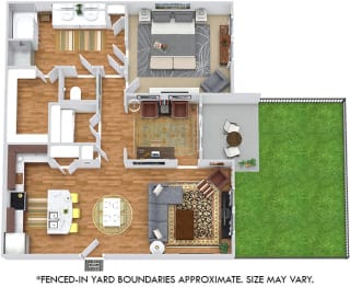 Monarch with Fenced-in Yard 3D. 1 bedroom apartment. Kitchen with island open to living/dinning rooms. 1 full bathroom. Walk-in closet. Flex room/den. Patio/balcony open to yard.