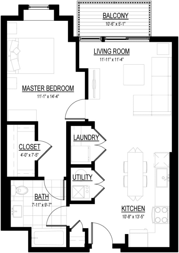 Floor Plan  1 Bed 1 Bath J Floor Plan at Courthouse Square Apartments, Wheaton, IL, 60187