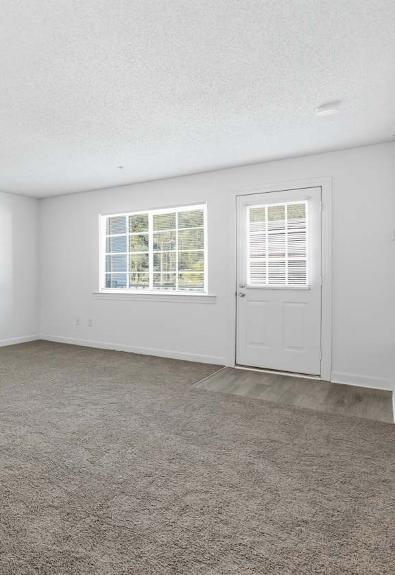 A room with a carpeted floor, a window with blinds, and a door.