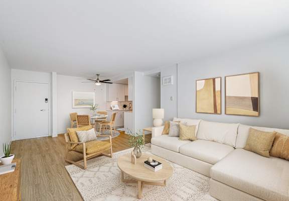 avenue two renovated model apartment furnished living room with couch at Avenue Two Apartments, Redwood City, CA