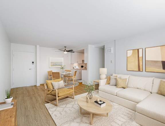 avenue two furnished living room with large couch and lounge seating at Avenue Two Apartments, Redwood City, CA