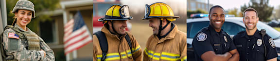 A collage of four different professionals, including a soldier, firefighters, and police officers, standing in front of their respective work environments.