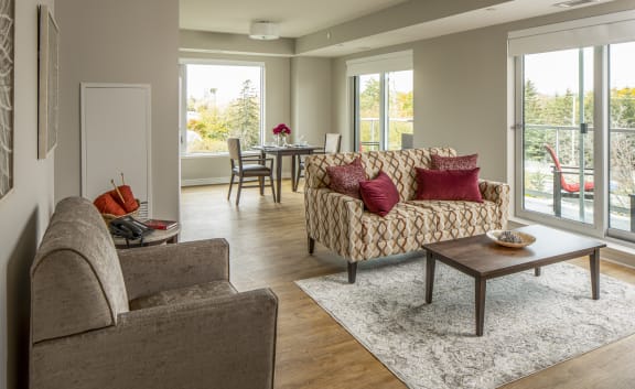 A living room with a couch and a chair