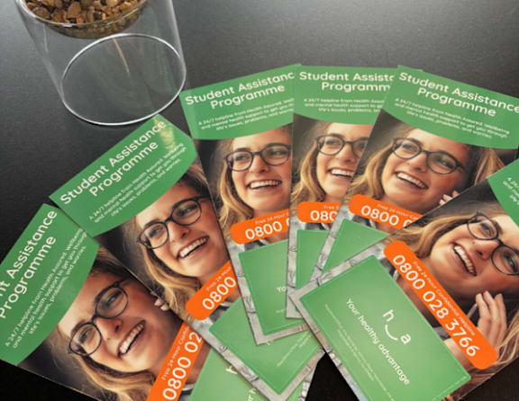 A pile of green business cards for a student assistance program.