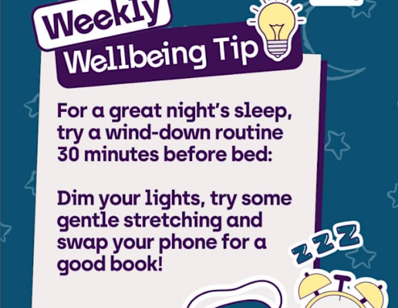 A poster with a wellbeing tip for better sleep.