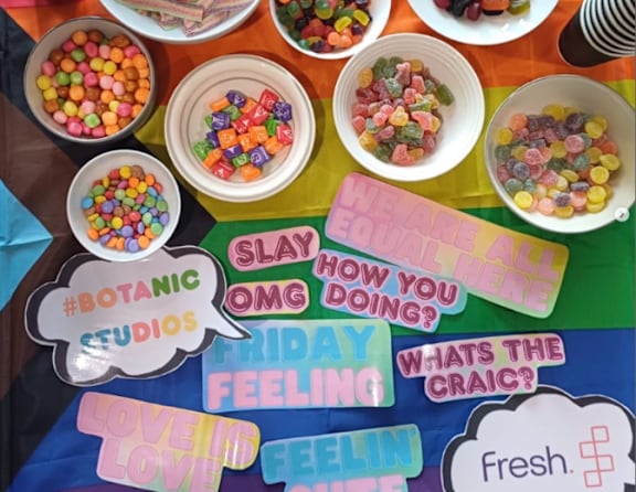 A colorful table with bowls of candy and speech bubbles with phrases like "SLY" and "FRIDAY".