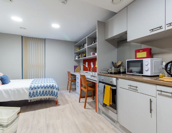 A small kitchen with a bed in the corner.