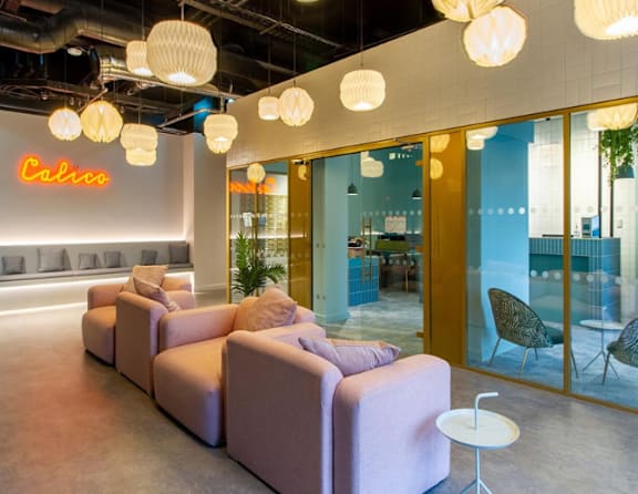 A Calico logo is seen on a wall above a row of chairs.