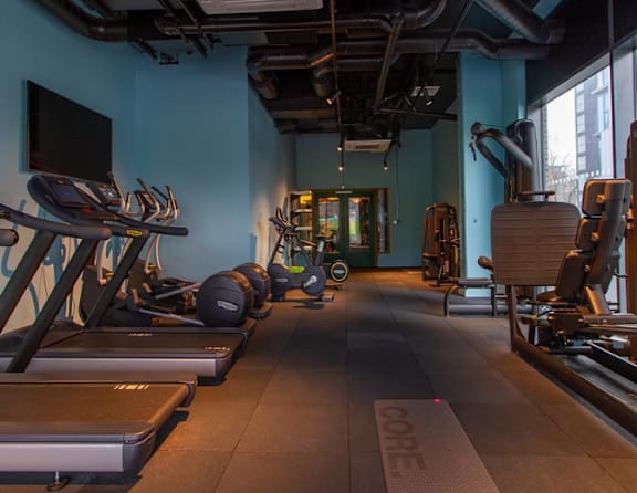A gym with treadmills, weights, and exercise equipment.