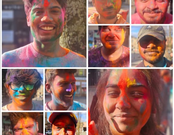 A collage of people with colorful powder on their faces.