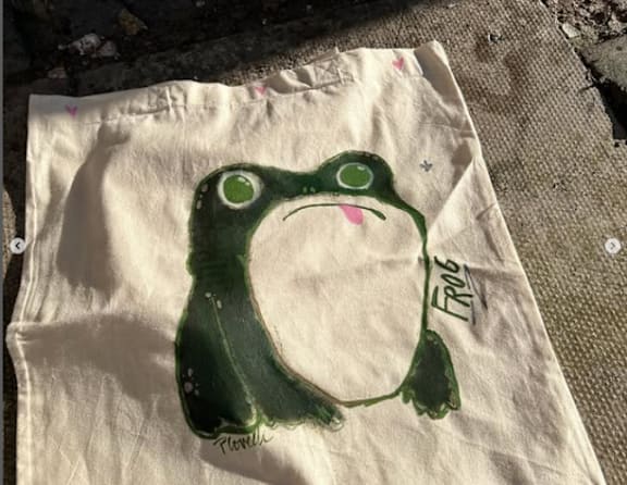 A frog is drawn on a white towel.