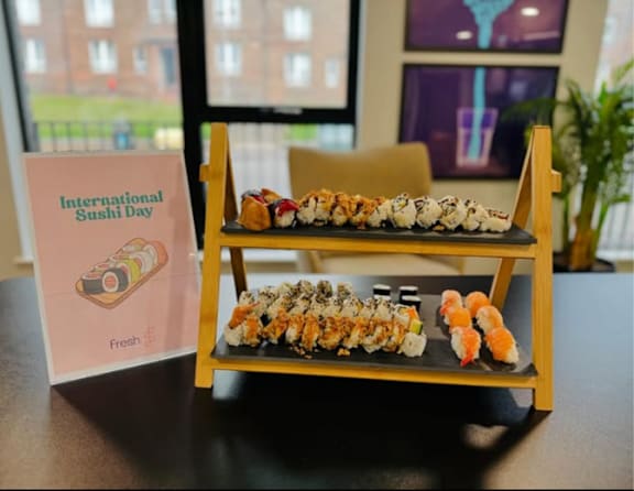 A sushi bar is set up for International Sushi Day.