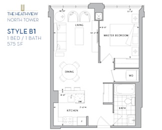 Floor Plan  The Heathview North Tower  – 1 BED – 1 BATH - 575 SF – Apartment