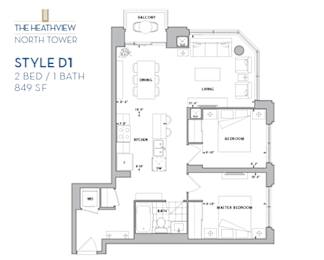 Floor Plan  The Heathview North Tower – 2 BED – 1 BATH - 849 SF – Apartment