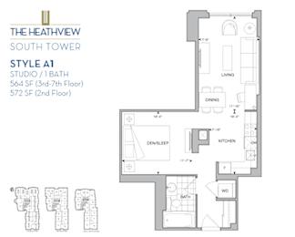 Floor Plan  The Heathview South Tower – STUDIO – 1 BATH - 564/572 SF – Apartment