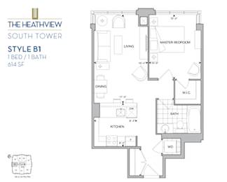 Floor Plan  The Heathview South Tower – 1 BED – 1 BATH - 614 SF – Apartment