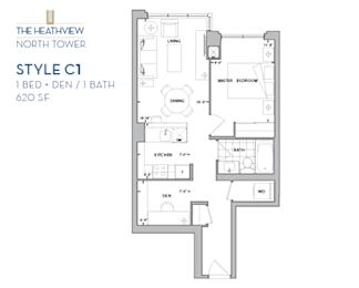 Floor Plan  The Heathview North Tower – 1 BED – DEN - 1 BATH - 620 SF – Apartment