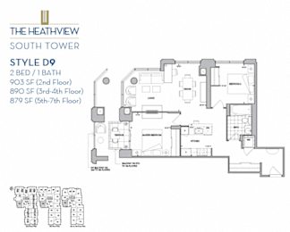 Floor Plan  The Heathview South Tower - 2 BED - 1 BATH - 903/890/879 SF – Apartment