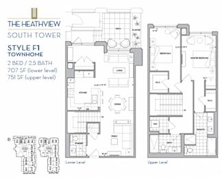 Floor Plan  The Heathview South Tower - 2 BED – 2.5 BATH - 1458 SF – Townhome