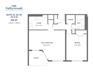 Floor Plan  The Valleywoods - 1 BED – 1 BATH - 689 SF – Apartment