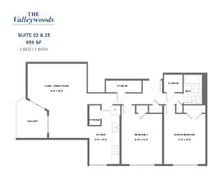 Floor Plan  The Valleywoods - 2 BED – 1 BATH - 959 SF – Apartment