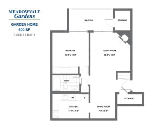 Floor Plan  Meadowvale Gardens - 1 BED - 1 BATH - 600 SF - Apartment