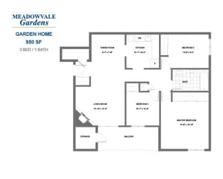 Floor Plan  Meadowvale Gardens - 3 BED - 1 BATH - 950 SF - Apartment