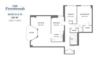 Floor Plan  The Forestwoods - 2 BED - 1 BATH - 854 SF - Apartment