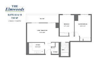 Floor Plan  The Elmwoods - 2 BED - 1 BATH - 735 SF - Apartment
